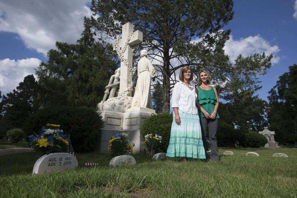 Kathi with Sara Bowker Greenwood Cemetery Monument