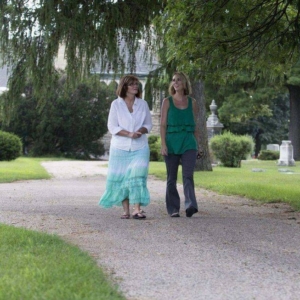 Kathi with Sara Bowker walking in Greenwood Cemetery
