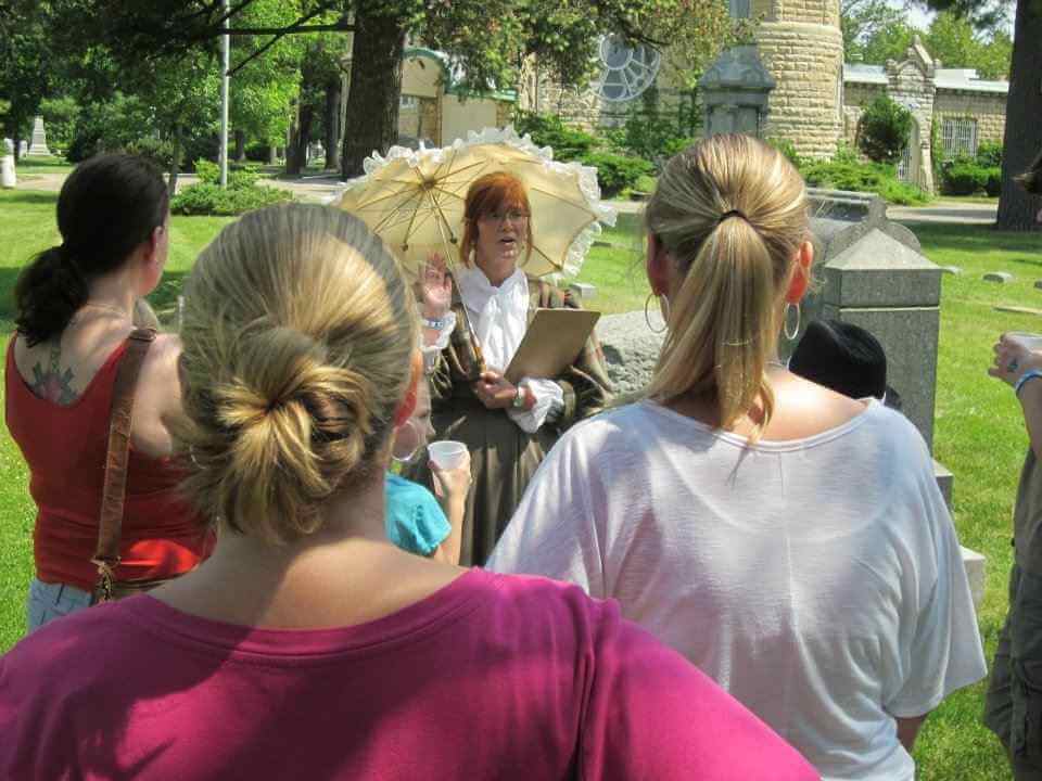 Kathi in vintage outfit during Greenwood Cemetery tour